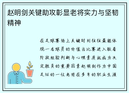 赵明剑关键助攻彰显老将实力与坚韧精神
