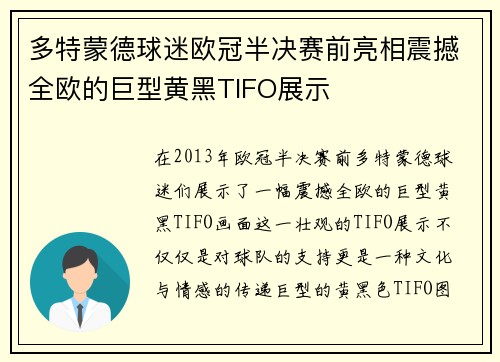 多特蒙德球迷欧冠半决赛前亮相震撼全欧的巨型黄黑TIFO展示